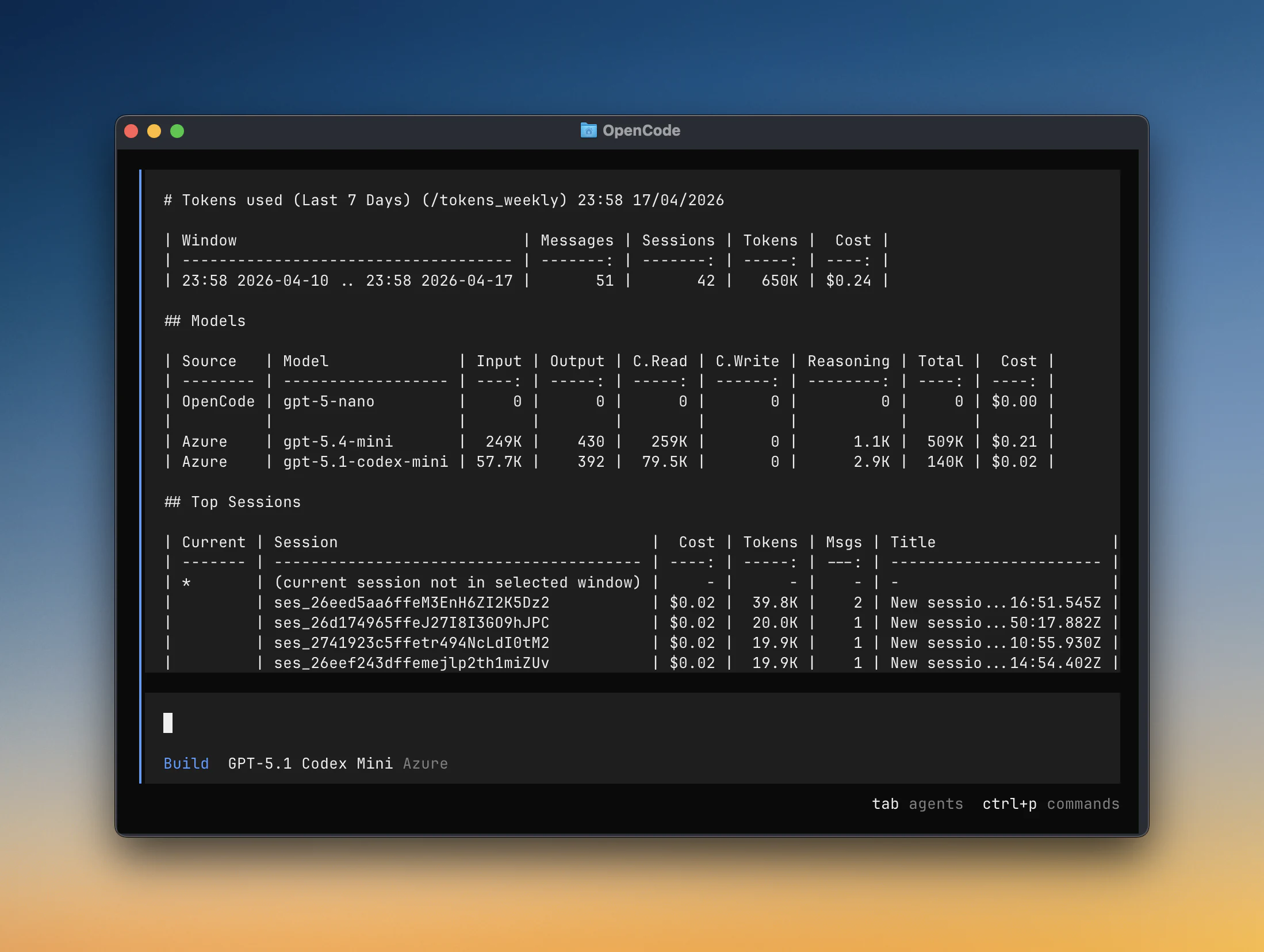 Image of opencode-quota /tokens_weekly output